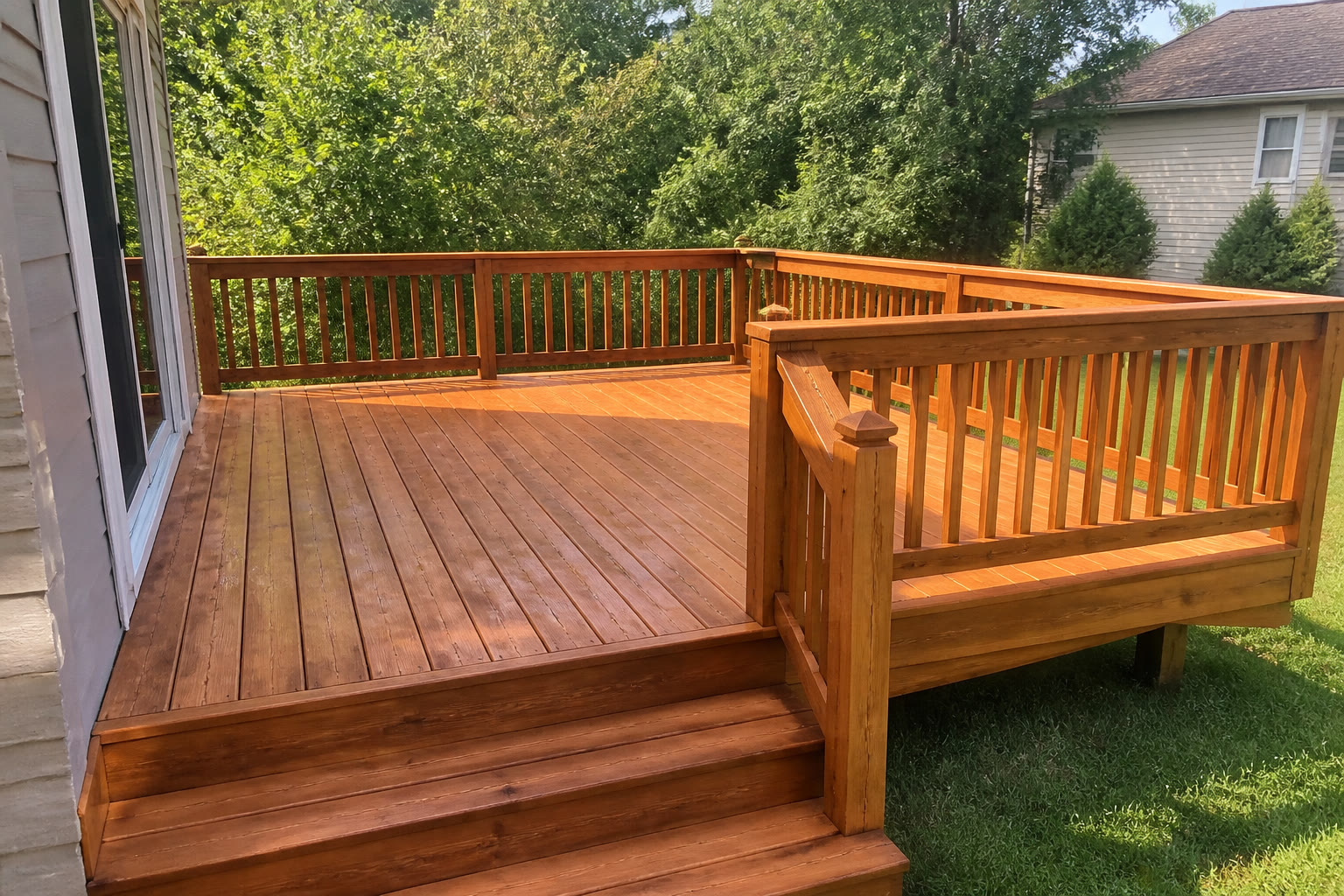 Freshly stained deck after refinish